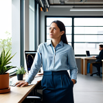 A professional female spatial designer, fully clothed in a modest business casual outfit, stands in a modern, well-lit co-working office. She is observing the space with a contemplative expression, surrounded by comfortable ergonomic furniture, a few individuals engaged in focused work, and subtle biophilic elements like potted plants. Natural light streams through large windows, creating a serene and inviting atmosphere designed to foster creativity and concentration. Perfect anatomy, correct proportions, natural pose, well-formed hands, proper finger count. Professional photography, high quality, safe for work, appropriate content, fully clothed, professional.