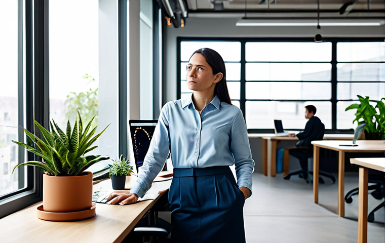 A professional female spatial designer, fully clothed in a modest business casual outfit, stands in a modern, well-lit co-working office. She is observing the space with a contemplative expression, surrounded by comfortable ergonomic furniture, a few individuals engaged in focused work, and subtle biophilic elements like potted plants. Natural light streams through large windows, creating a serene and inviting atmosphere designed to foster creativity and concentration. Perfect anatomy, correct proportions, natural pose, well-formed hands, proper finger count. Professional photography, high quality, safe for work, appropriate content, fully clothed, professional.