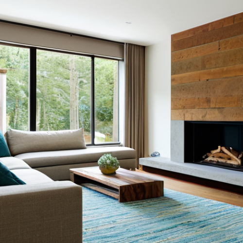 Home 17 **
A modern, well-lit living room designed with sustainable materials like reclaimed wood and recycled glass. The color palette is harmonious, using earthy tones with pops of calming blues and greens. Textures are emphasized: a soft wool rug, a smooth stone fireplace, and a textured linen sofa. The space is uncluttered and ergonomic, with comfortable seating arrangements and a functional layout. Natural light floods the room, highlighting the textures and colors. "Safe for work," "appropriate content," "fully clothed" (implying background figures), "family-friendly," "professional interior design," "perfect anatomy" (for any background figures), "correct proportions," "natural pose," "high quality rendering," "interior photography."
**