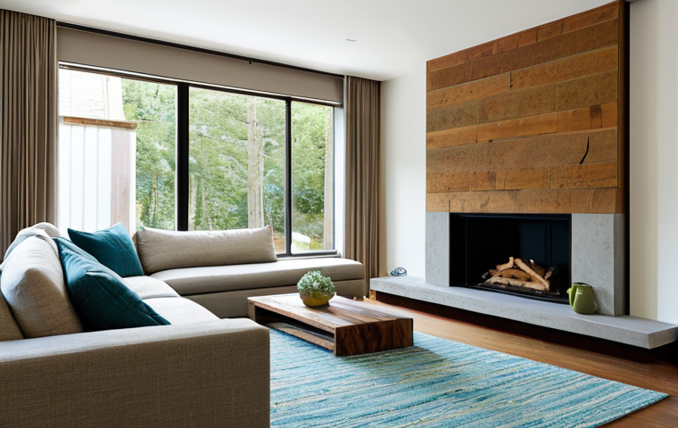 **

A modern, well-lit living room designed with sustainable materials like reclaimed wood and recycled glass. The color palette is harmonious, using earthy tones with pops of calming blues and greens. Textures are emphasized: a soft wool rug, a smooth stone fireplace, and a textured linen sofa. The space is uncluttered and ergonomic, with comfortable seating arrangements and a functional layout. Natural light floods the room, highlighting the textures and colors. "Safe for work," "appropriate content," "fully clothed" (implying background figures), "family-friendly," "professional interior design," "perfect anatomy" (for any background figures), "correct proportions," "natural pose," "high quality rendering," "interior photography."

**