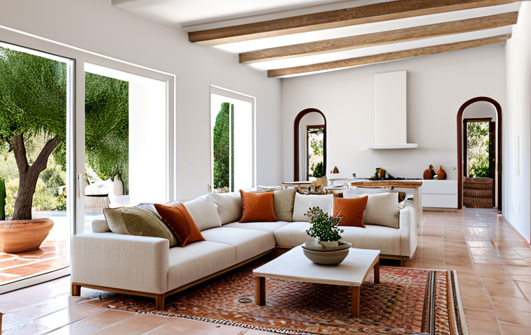 Modern Mediterranean Villa**

"A bright, airy living room in a modern Mediterranean villa, featuring white stucco walls, terracotta floors, and natural wood accents. Large windows offer views of a lush garden with olive trees and bougainvillea. The space is decorated with locally sourced ceramics, woven textiles, and comfortable, minimalist furniture. Warm, inviting atmosphere. High-quality render, professional interior design photography, 8K resolution."

**