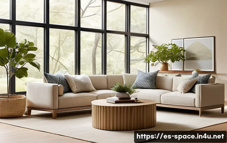 공간디자인 소재 리서치 방법 - **Prompt:** A serene and inviting living room designed in the 2025 style, emphasizing organic shapes...