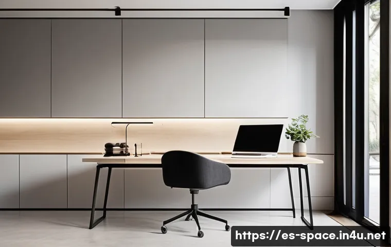 공간디자이너를 위한 브랜딩 전략 - A sleek, modern workspace interior showcasing minimalist design principles, featuring neutral tones ...