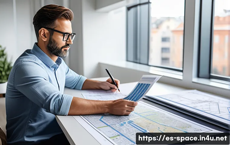 공간디자이너가 주의해야 할 법적 이슈 - A professional interior designer consulting detailed urban planning blueprints and municipal regulat...
