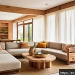 공간디자인 실무에서의 체크리스트 - A modern, sustainable living room interior in a sunny Mexican home featuring eco-friendly certified ...