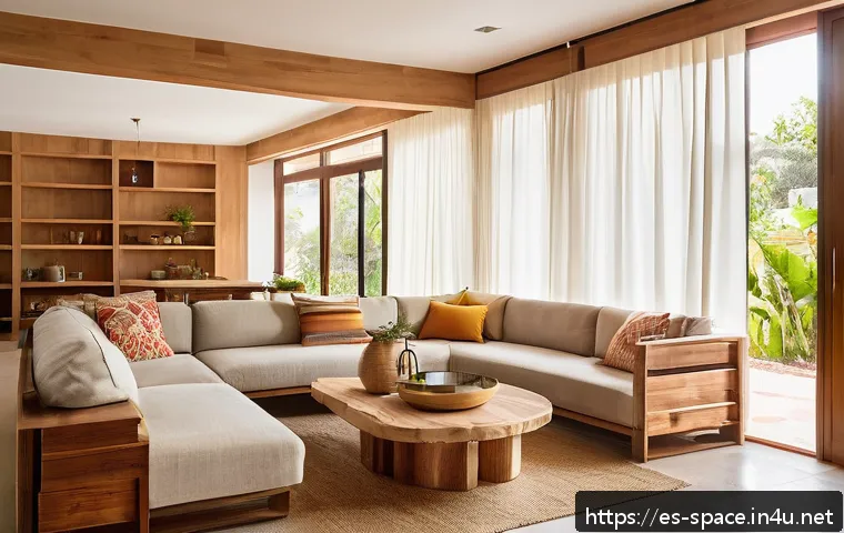 공간디자인 실무에서의 체크리스트 - A modern, sustainable living room interior in a sunny Mexican home featuring eco-friendly certified ...