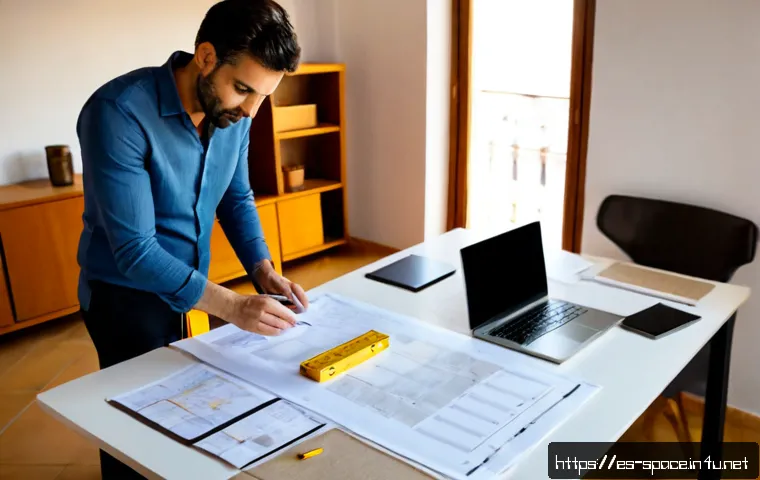공간디자이너의 라이프 스타일 - Photorealistic lifestyle scene of a Spanish interior designer reviewing apartment plans at a sunlit ...